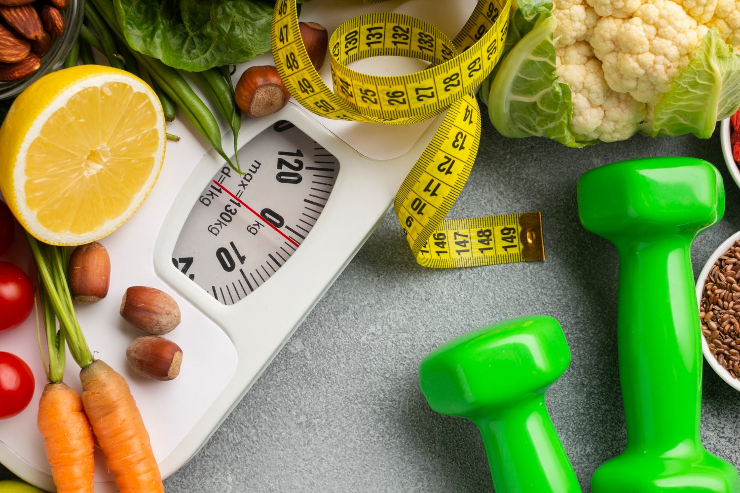 healthy food with scale and measuring tape. Crystal Seals nutrition counseling for weight management.